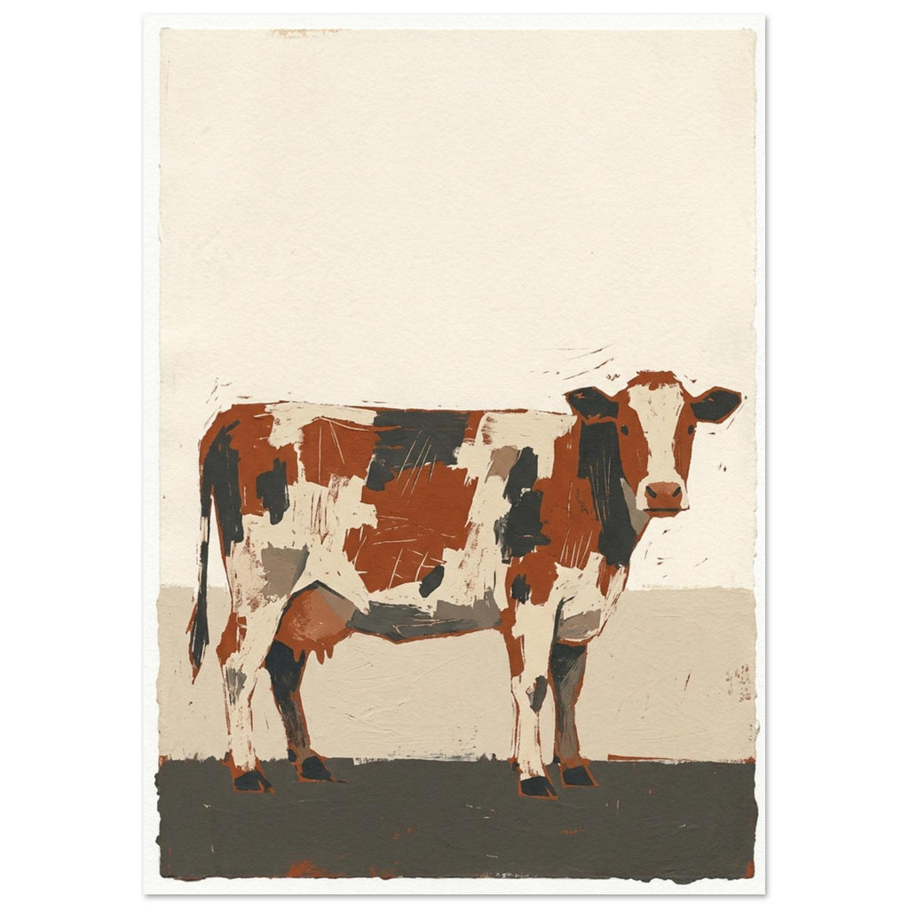 Standing cow in rust brown, cream and charcoal patches against a textured cream background and dark ground.