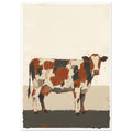 Standing cow in rust brown, cream and charcoal patches against a textured cream background and dark ground.