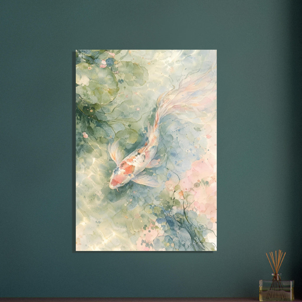 Long-finned koi with coral and dark markings swimming among lily pads in pale green, blue and blush watercolour washes.