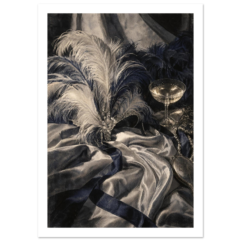 Feathered jewelled mask on draped fabric beside a coupe glass, pearls and an ornate hand mirror in cream, grey and navy.