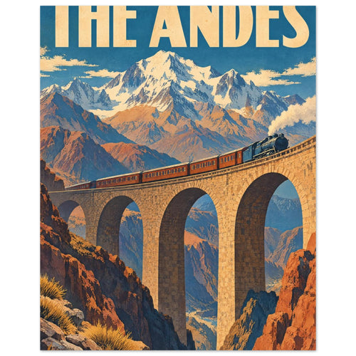 Steam train crossing a tall stone viaduct amid snowy mountains and orange cliffs, beneath large ‘THE ANDES’ lettering.