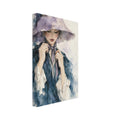 Woman in a wide-brimmed lilac floral hat adjusting a neck ribbon, wearing blue clothing with cream cuffs, in watercolour.