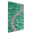 Swimming pool lane divider with pink floats curving through teal water, painted with textured brushstrokes and pale ripples.