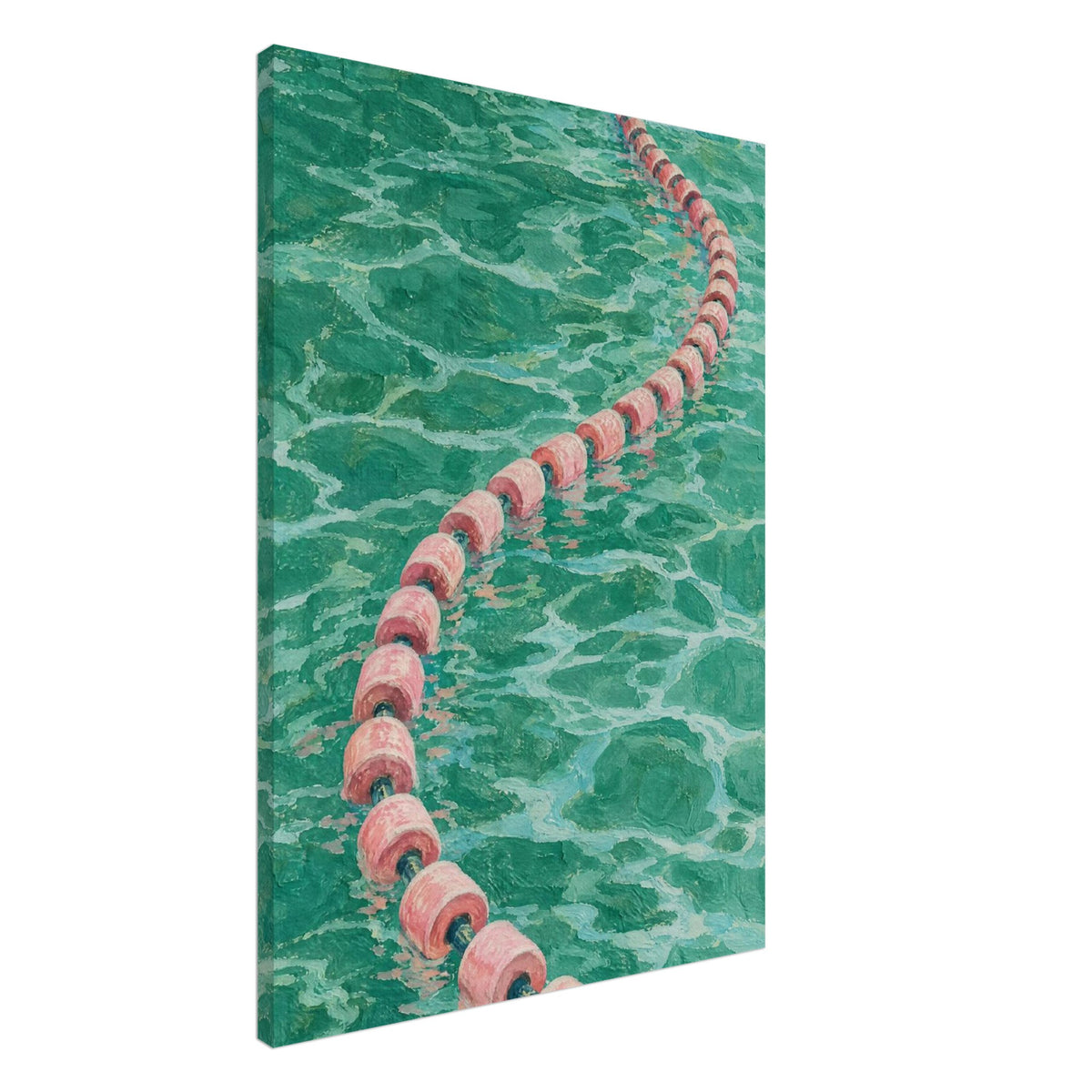 Swimming pool lane divider with pink floats curving through teal water, painted with textured brushstrokes and pale ripples.