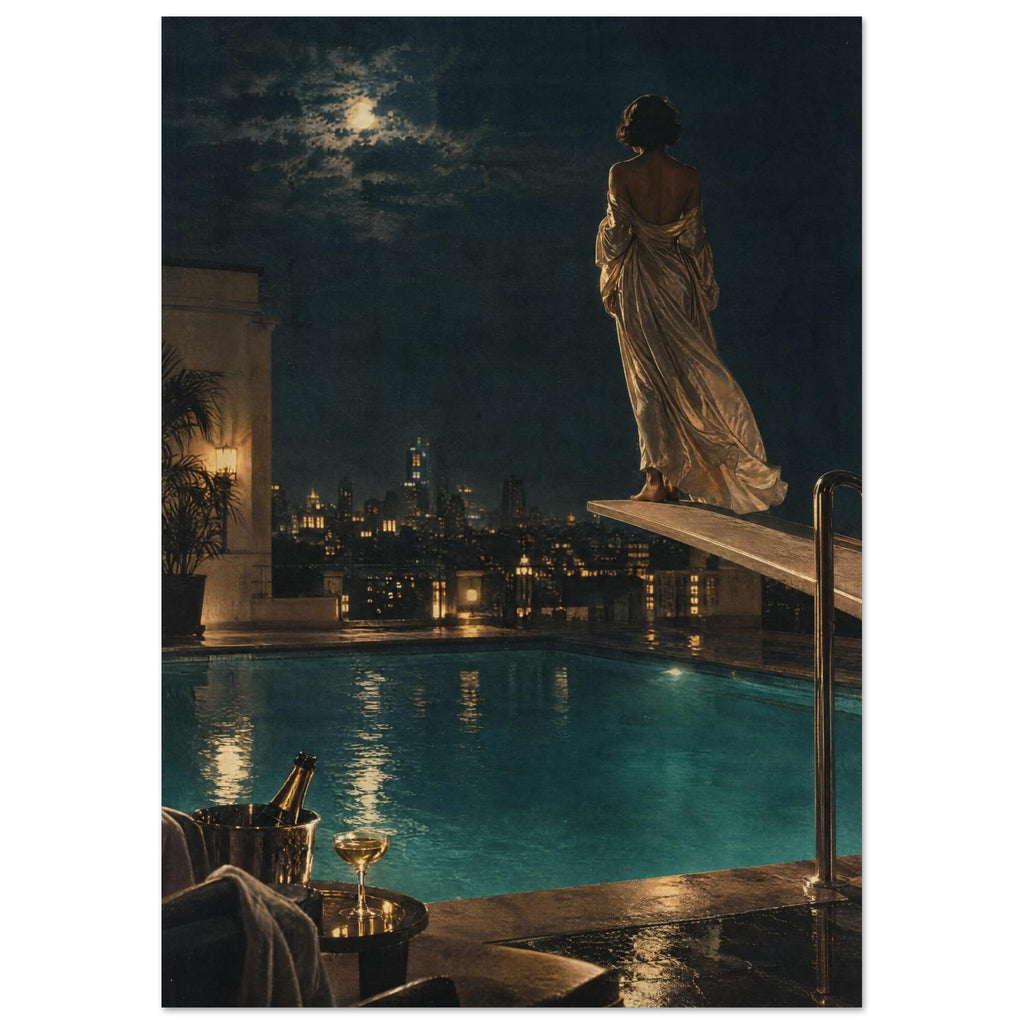 Woman in a flowing gown on a diving board above a rooftop pool, with a moonlit city skyline and champagne in the foreground.