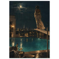 Woman in a flowing gown on a diving board above a rooftop pool, with a moonlit city skyline and champagne in the foreground.