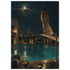 Woman in a flowing gown on a diving board above a rooftop pool, with a moonlit city skyline and champagne in the foreground.