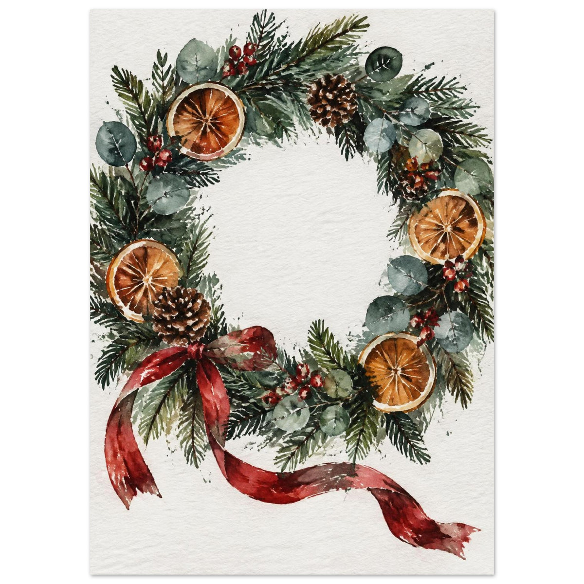 Watercolour Christmas wreath of spruce, eucalyptus, dried oranges and a red ribbon