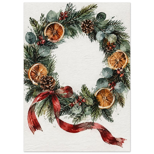Watercolour Christmas wreath of spruce, eucalyptus, dried oranges and a red ribbon