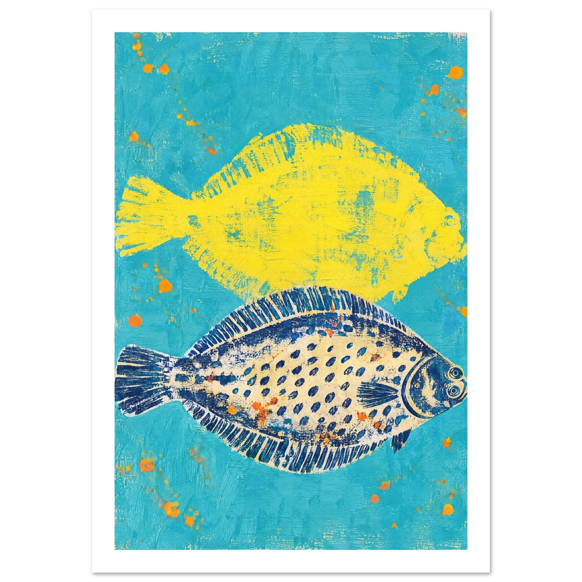 Two flat fish, one yellow and one cream with navy spots, on a textured turquoise background with orange splashes.