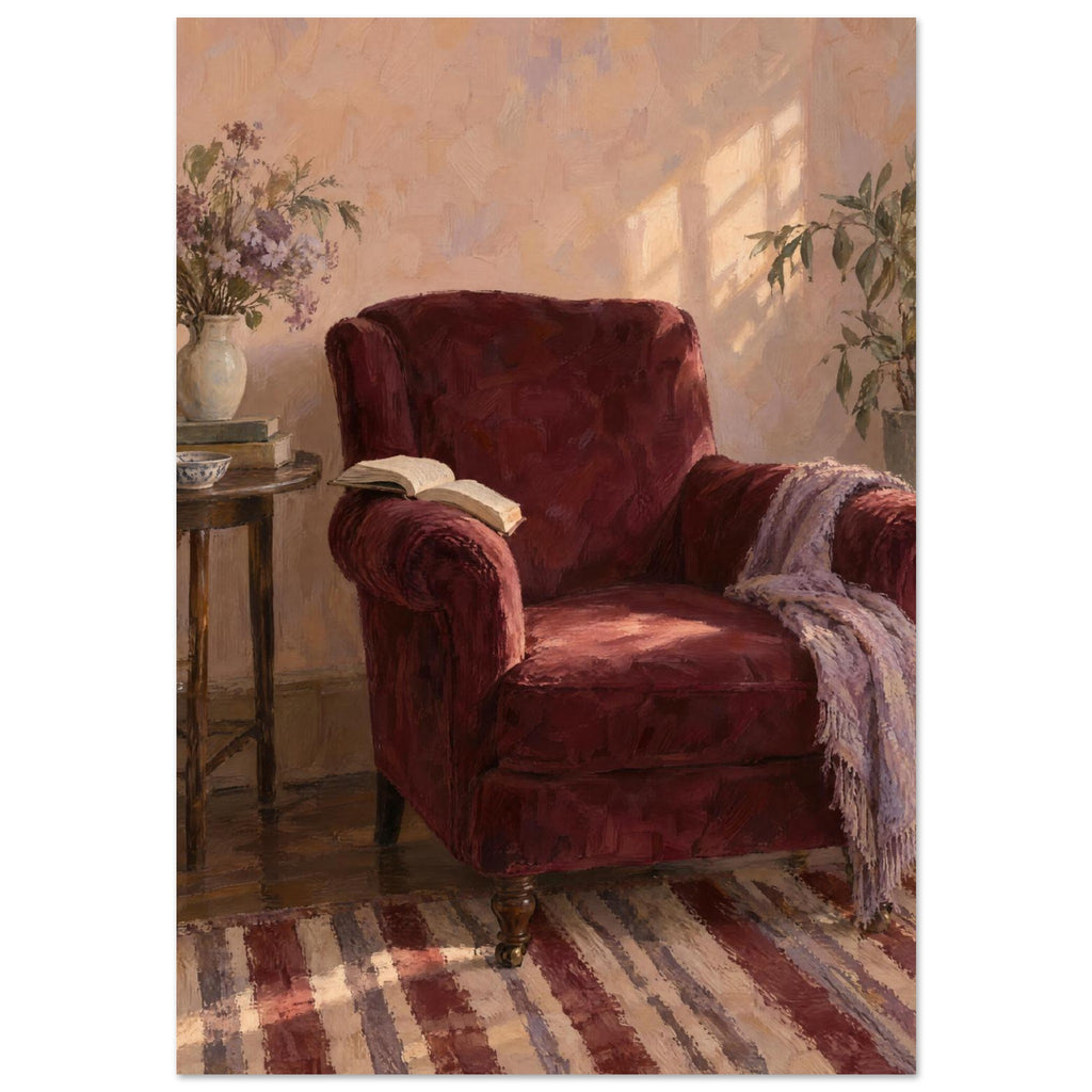 The Reading Chair painting showing a burgundy armchair with an open book, a cropped striped rug and afternoon light.