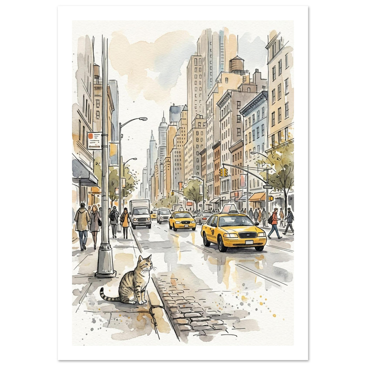 cat art print for the living room, soft painterly artwork on matte paper
