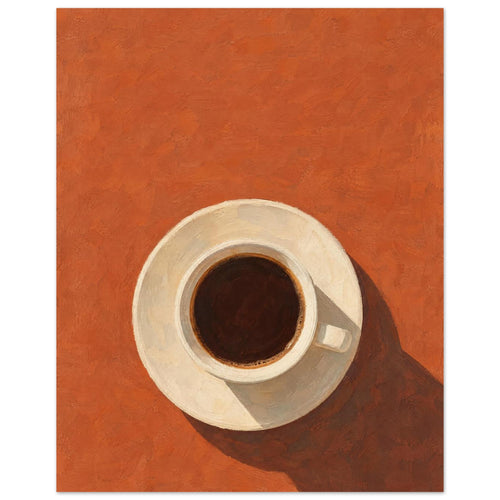 Cream cup filled with dark coffee on a saucer, viewed from above against terracotta orange with a long brown shadow.
