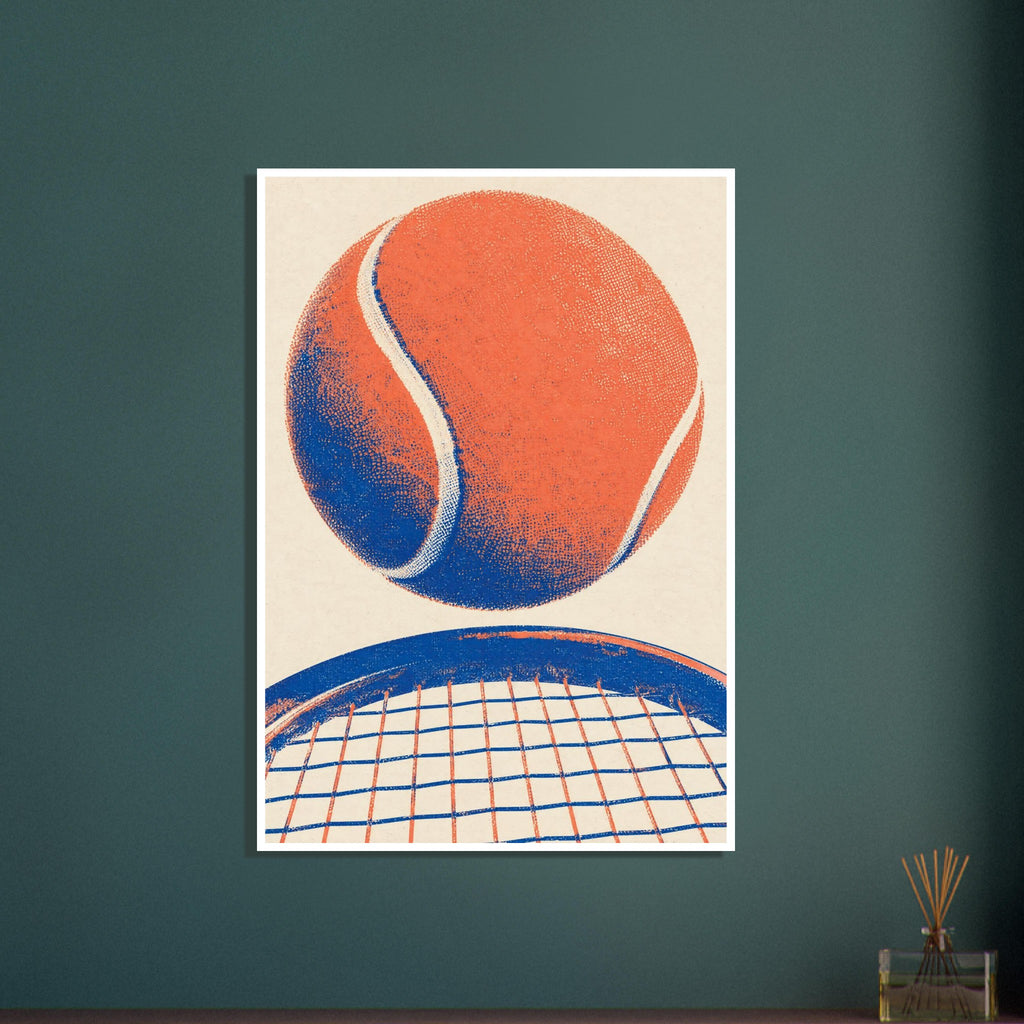Orange tennis ball with cream seams and blue shading above a cropped blue racket on a textured cream background.