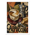 Cubist cappuccino cup, moka pot, spoon and cake slice in earthy colours, with large CAPPUCCINO lettering below.