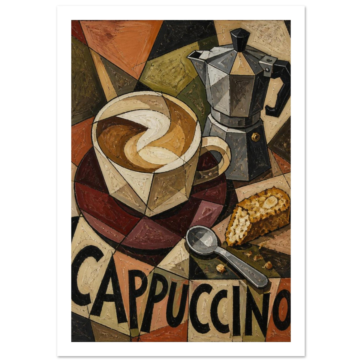 Cubist cappuccino cup, moka pot, spoon and cake slice in earthy colours, with large CAPPUCCINO lettering below.