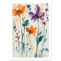 Orange and purple watercolour flowers on tall stems with teal leaves, paint splashes and drips against cream.