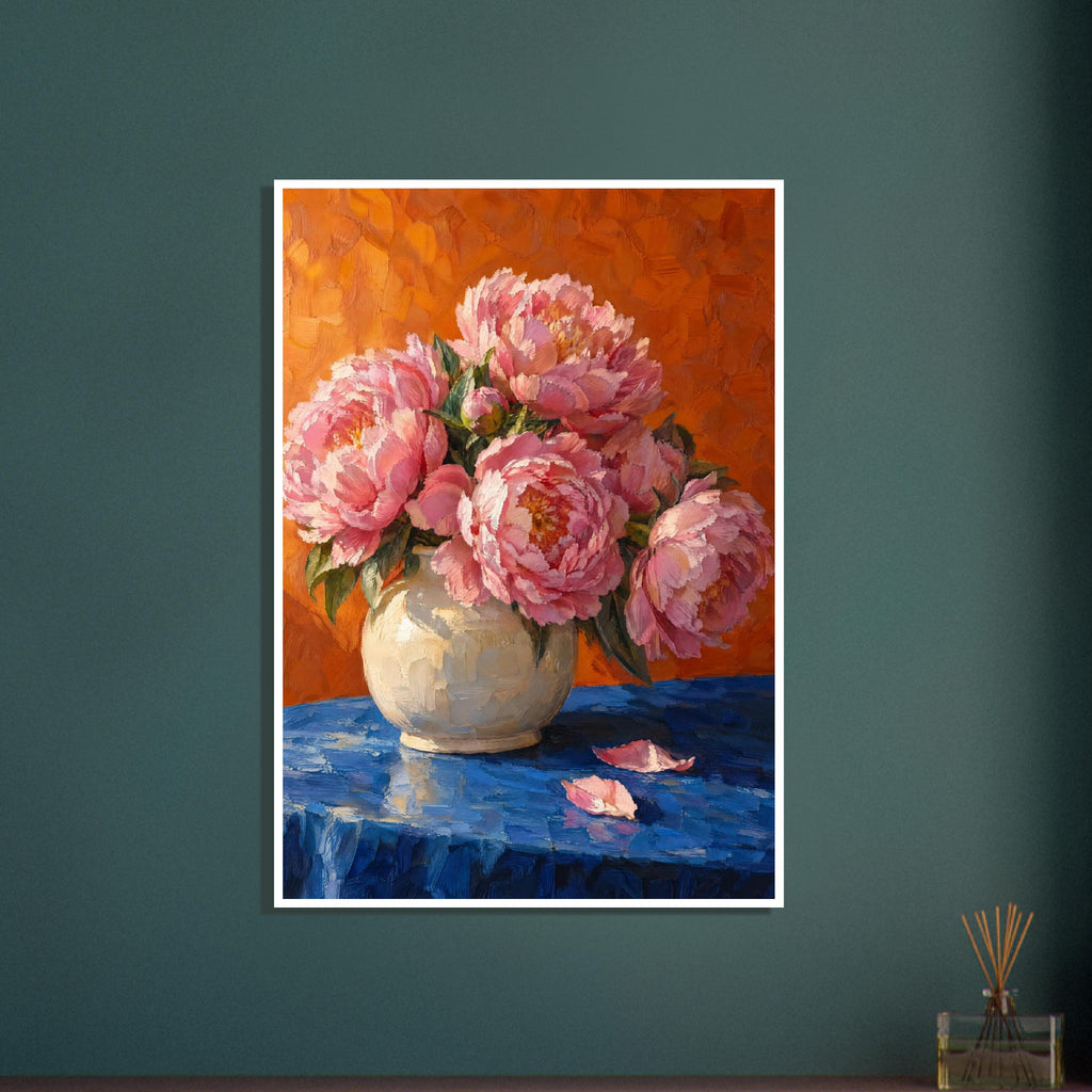 Pink peonies in a cream vase on a blue tabletop, with two fallen petals and an orange background, painted in broad strokes.