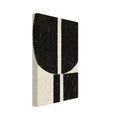 Distressed black circle above an offset black rectangle, both divided by narrow cream gaps, on a textured cream background.