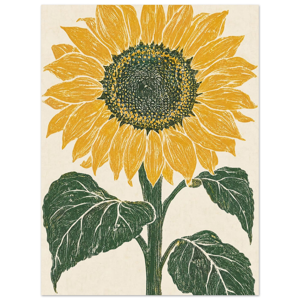Yellow sunflower with a dark seed centre, green stem and three large leaves on a textured cream background.