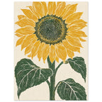 Yellow sunflower with a dark seed centre, green stem and three large leaves on a textured cream background.