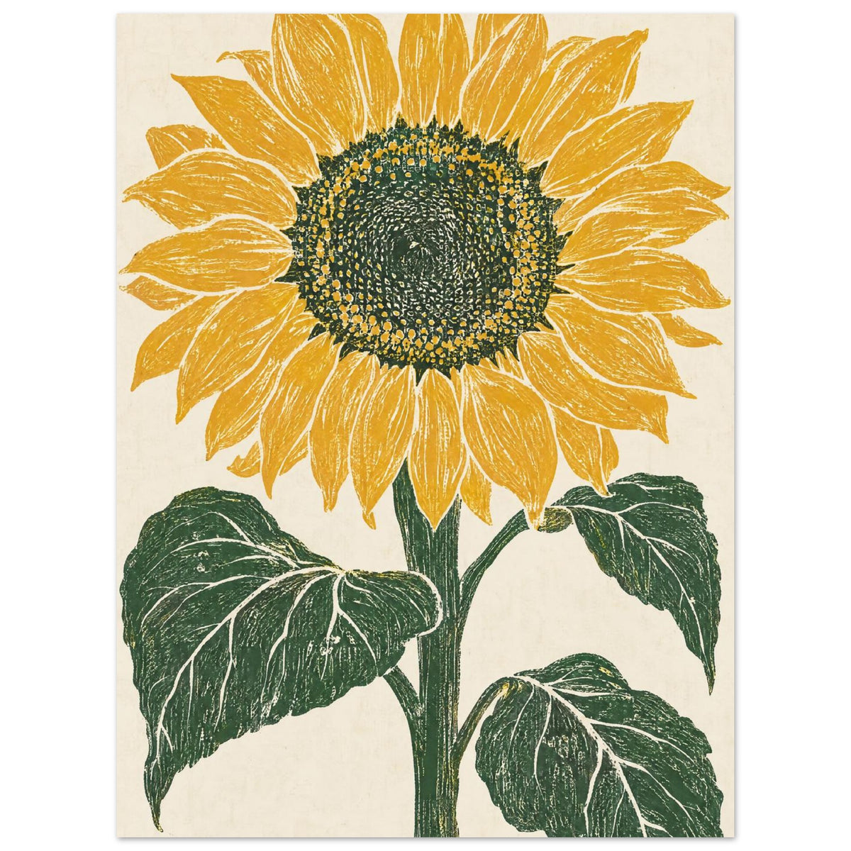 Yellow sunflower with a dark seed centre, green stem and three large leaves on a textured cream background.