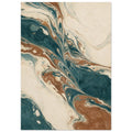 Teal, cream and brown marbled swirls with fine feathered lines flowing diagonally across a vertical composition.