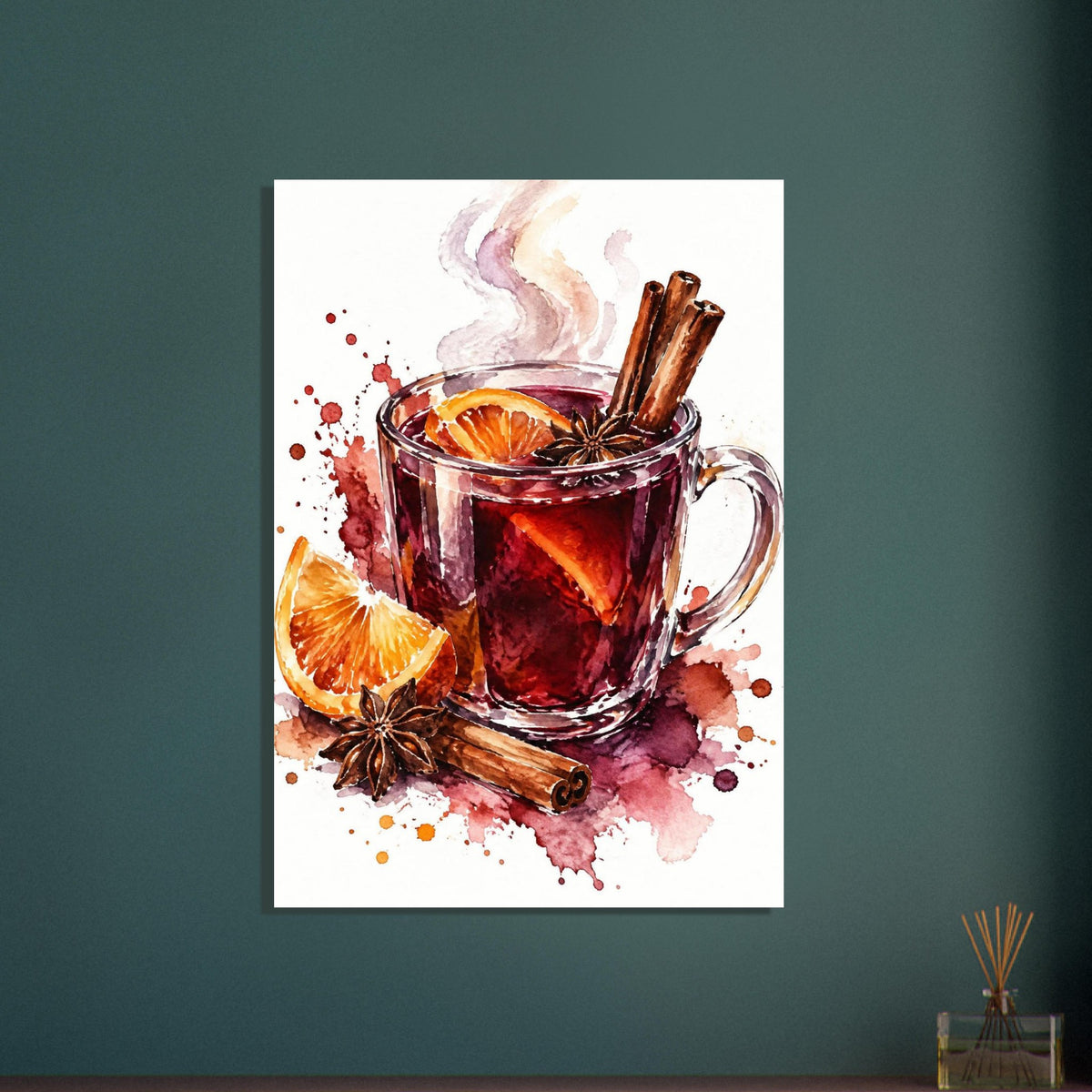 Watercolour glass of mulled wine with cinnamon sticks, star anise and orange slices