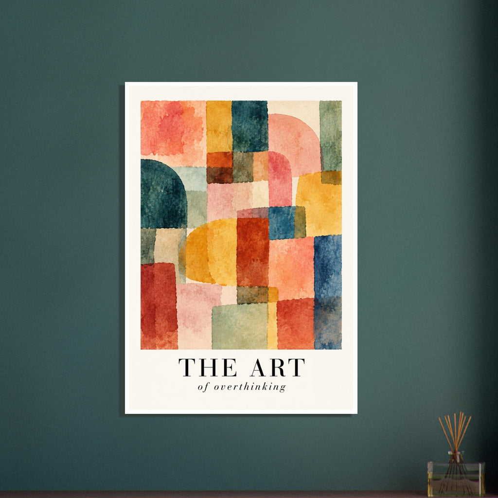 Geometric watercolour shapes in coral, yellow, teal and green above the black lettering ‘THE ART of overthinking’.