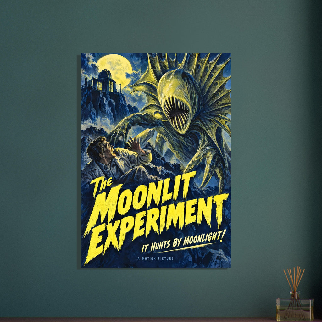 Sharp-toothed monster looms over a startled man beneath a yellow moon, with bold yellow ‘The Moonlit Experiment’ lettering.