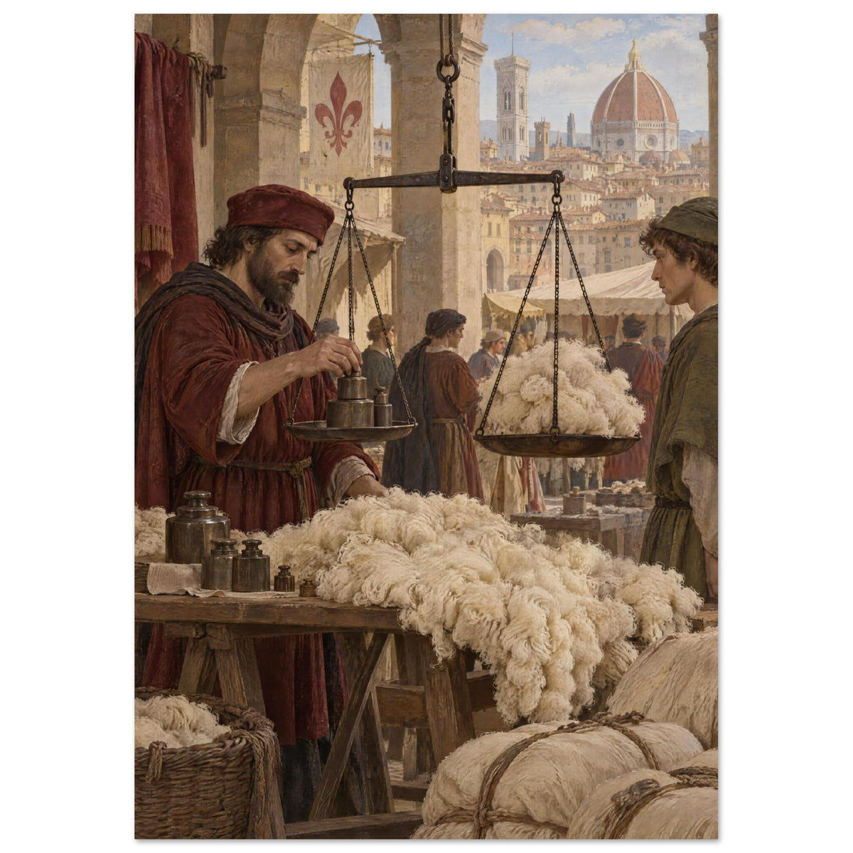 Wool merchant adjusting hanging scales beneath stone arches, with cream fleece and Florence's cathedral in the distance.