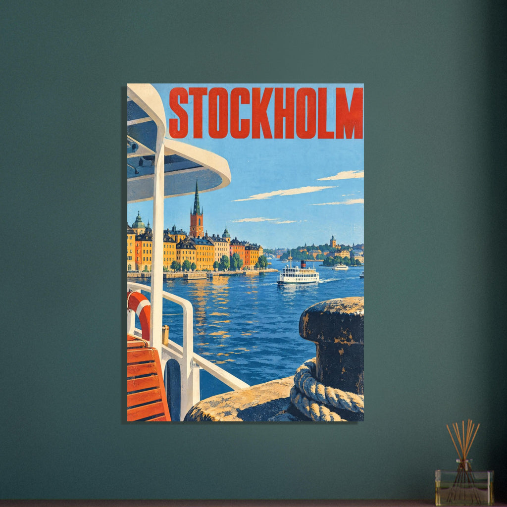 Stockholm waterfront with golden buildings, boats, blue water and red lettering, viewed past railings and a mooring bollard.