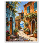 Coastal village lane with blue and orange buildings, potted flowers and a stone archway opening onto a sea view.