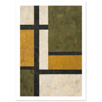 Geometric rectangles in olive green, mustard yellow and cream, divided by thick black bands with visible brush marks.