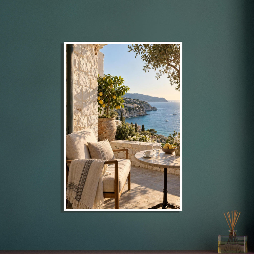 Sunlit stone terrace with a cushioned chair, round table and potted lemon tree overlooking blue sea and cliffs.