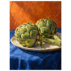 Two green artichokes on a pale oval platter, with a blue tablecloth and orange background in broad painted strokes.