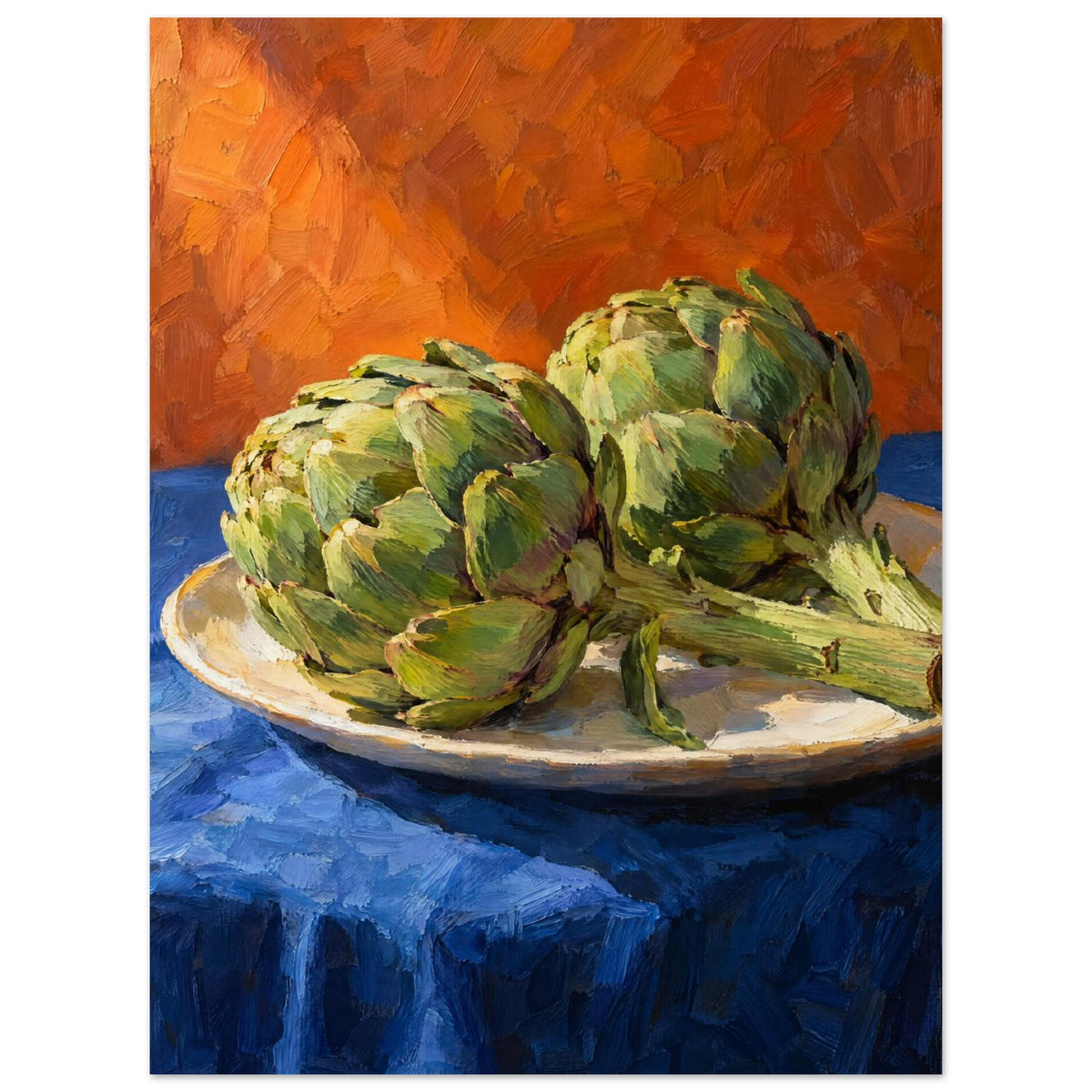 Two green artichokes on a pale oval platter, with a blue tablecloth and orange background in broad painted strokes.