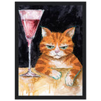 Ginger cat with green eyes resting its white paws on a golden table beside a tall glass of pink liquid, on black.