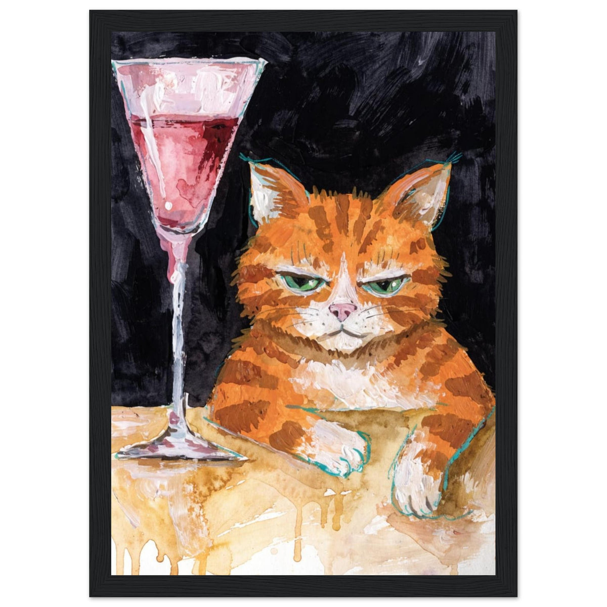 Ginger cat with green eyes resting its white paws on a golden table beside a tall glass of pink liquid, on black.