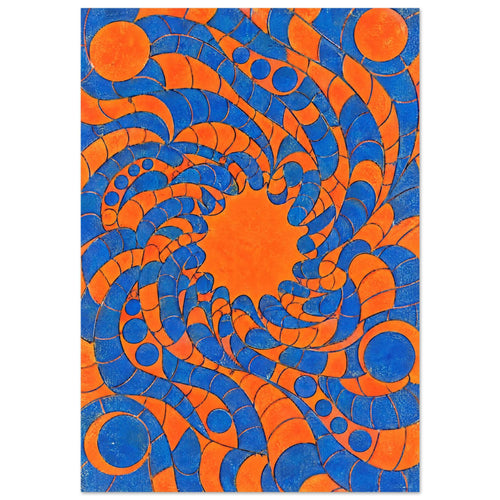 Blue and orange segmented ribbons and circles swirl around an orange centre, with fine dark outlines and mottled texture.