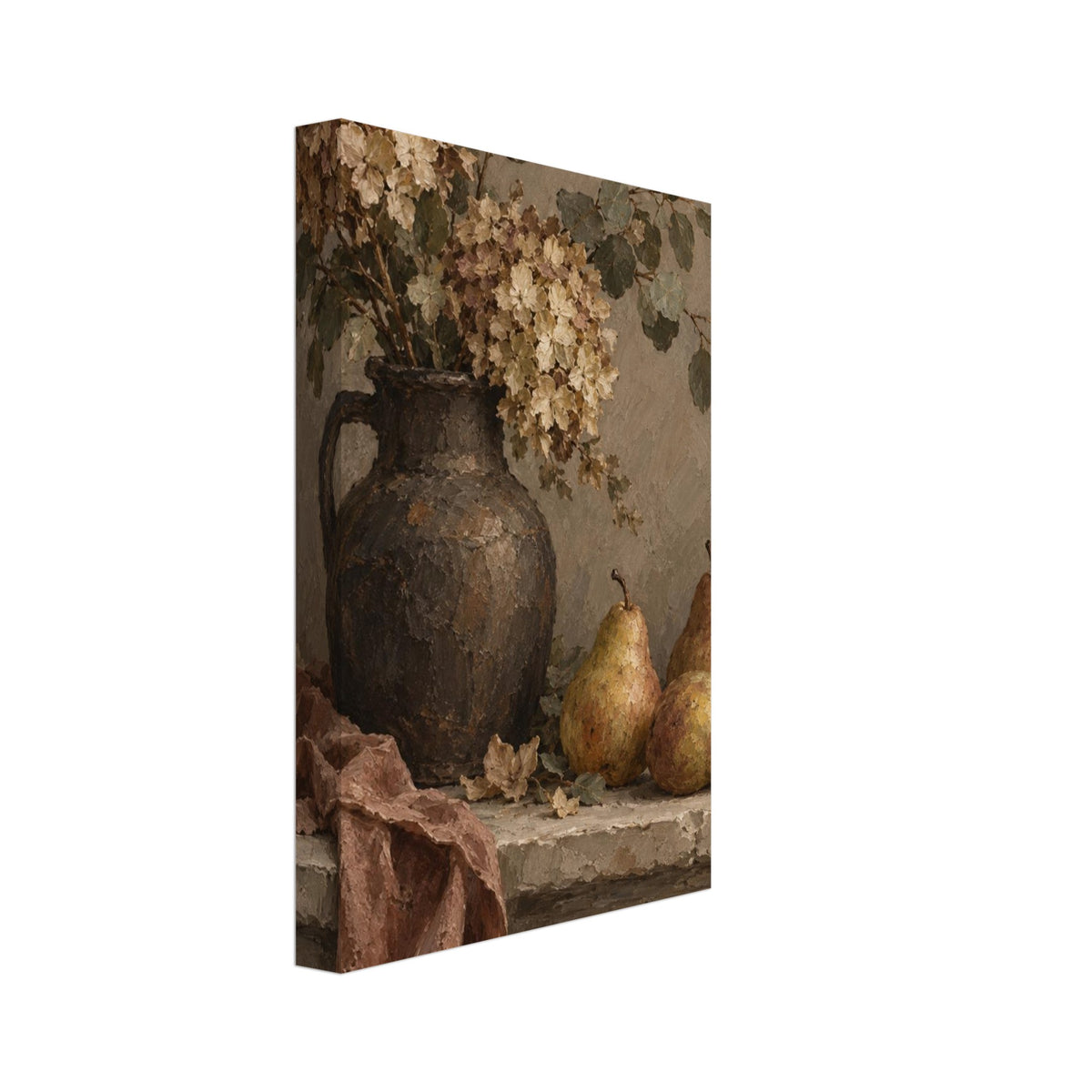 Cream flowers and green foliage in a dark jug beside three golden pears, with brown fabric draped over a stone ledge.