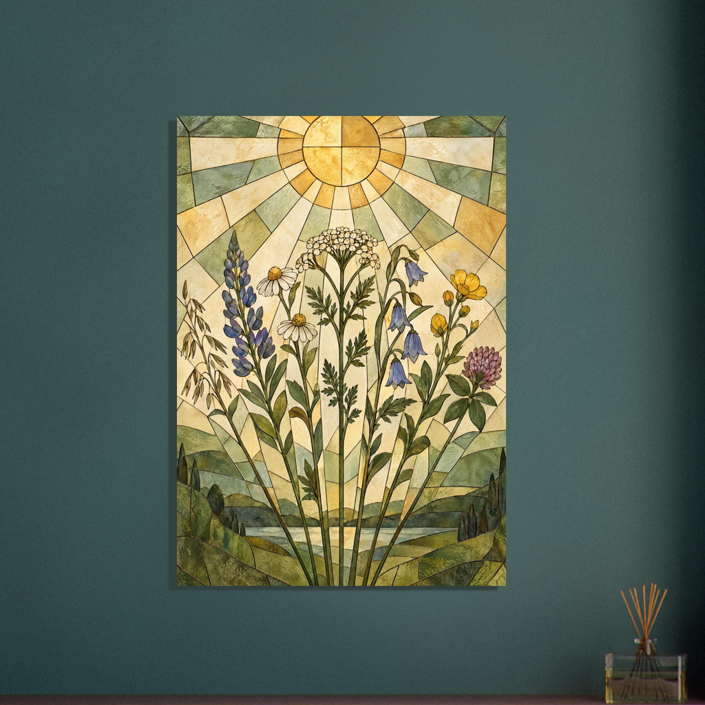 Meadow wildflowers beneath a golden sun, with geometric rays, green hills and water in a stained-glass-style design.