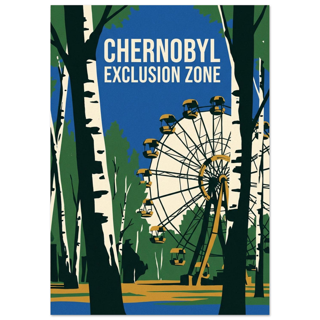 Ferris wheel behind birch trees, with blue sky, green foliage and cream lettering reading Chernobyl Exclusion Zone.