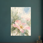 Open pink wild rose with a golden centre and green leaves against loose pale blue, sage and cream watercolour washes.