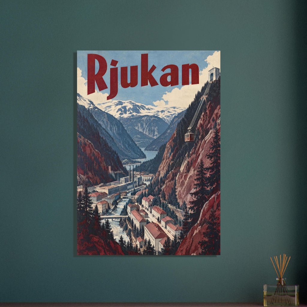 Rjukan valley with snowy mountains, riverside buildings and a cable car beneath large red lettering in a vintage poster.