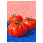 Three red tomatoes with green stems on a vivid blue surface against a pink background, painted with broad brushstrokes.