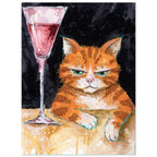 Ginger cat with green eyes resting its white paws on a golden table beside a tall glass of pink liquid, on black.