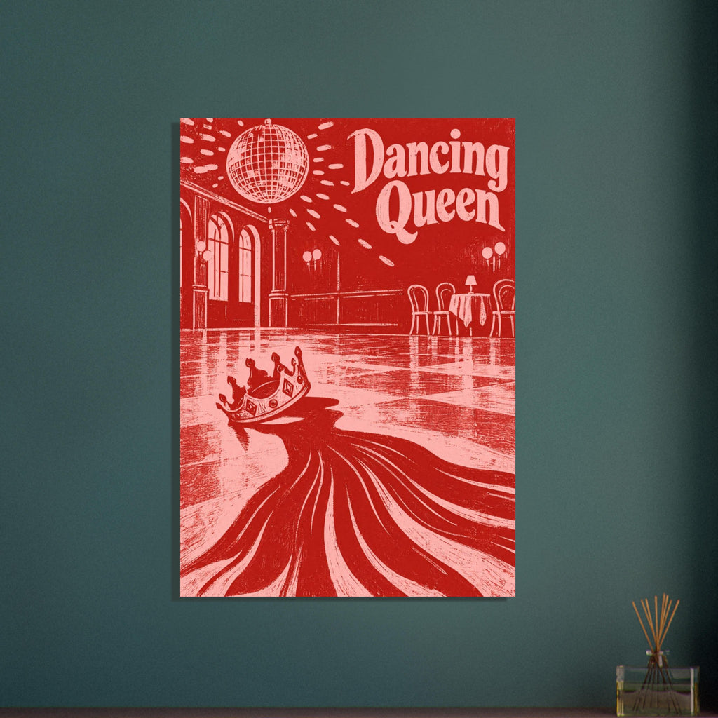 Dancing Queen lettering above a disco ball, empty ballroom and crown casting sweeping shadows, illustrated in red and pink.