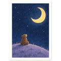 Brown bear sitting on a lilac hill, looking up at a yellow crescent moon and scattered stars in a deep blue sky.