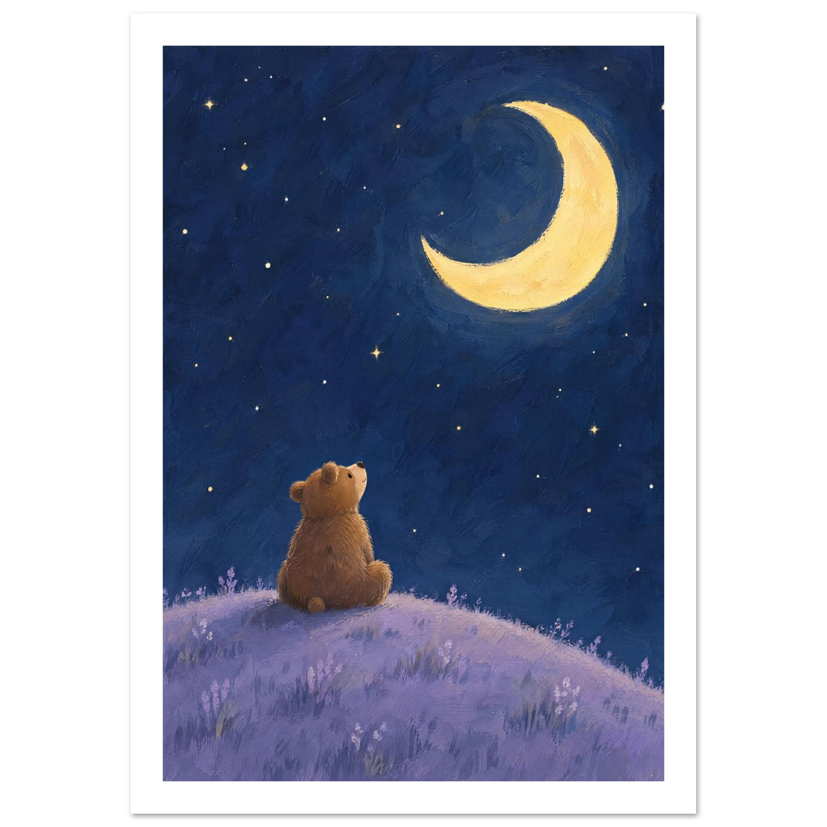 Brown bear sitting on a lilac hill, looking up at a yellow crescent moon and scattered stars in a deep blue sky.